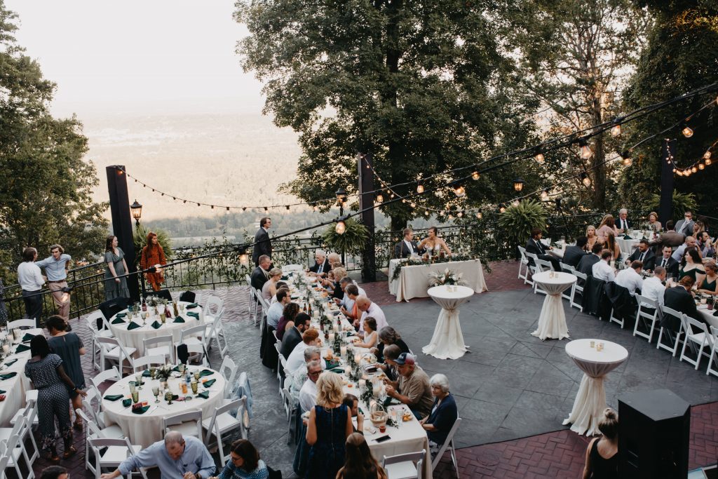 Mountain views and the reception setting at a boho wedding