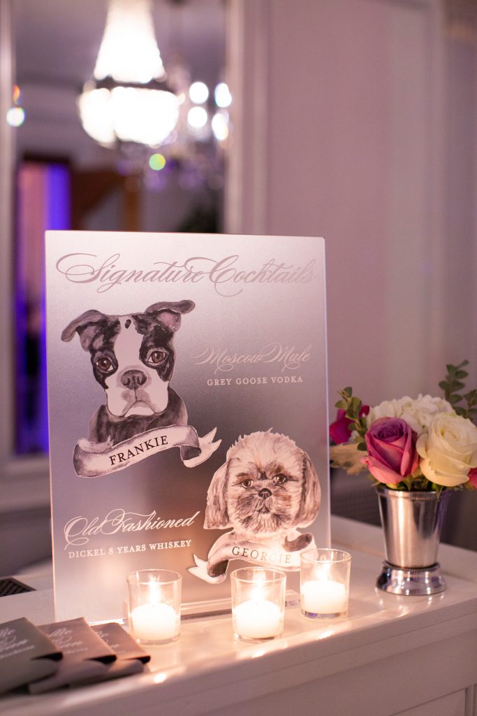 Personalized drink menu with dog details and calligraphy.