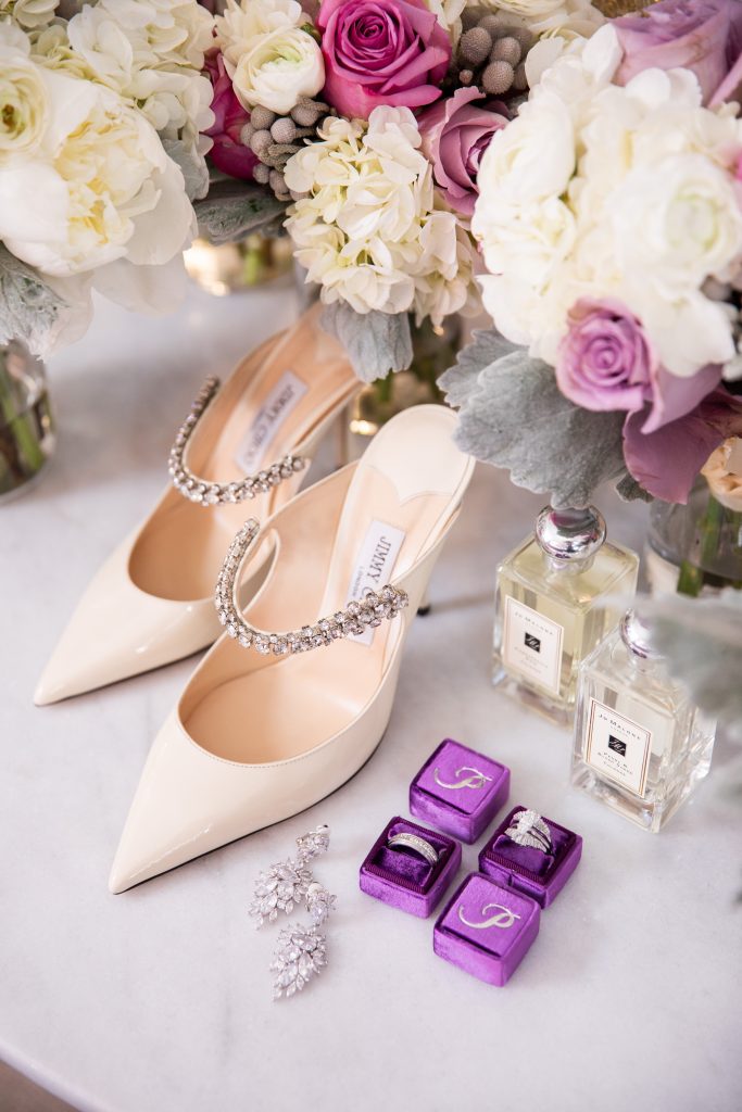 Jimmy Choo Wedding Shoes with custom perfume, earrings and rings